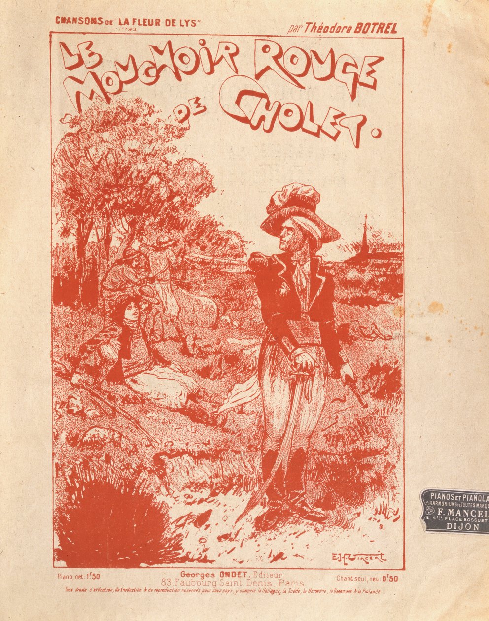 Front cover for the music score of the song Le Mouchoir Rouge de Cholet, written and composed by Théodore Botrel by French School