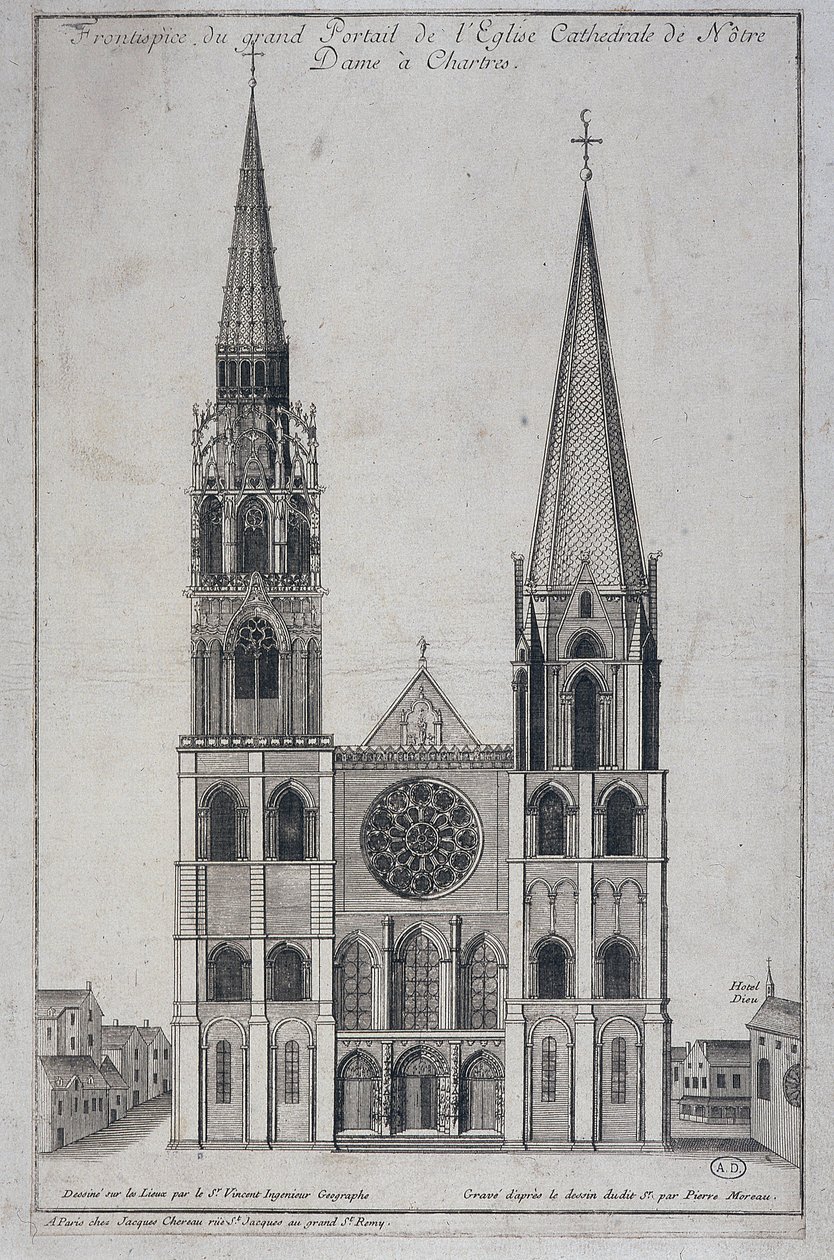 Frontispiece of the large portal of the Church Cathedral of Notre Dame at Chartres, designed on site by Saint Vincent Geographer Engineer, sd. 19th century by French School