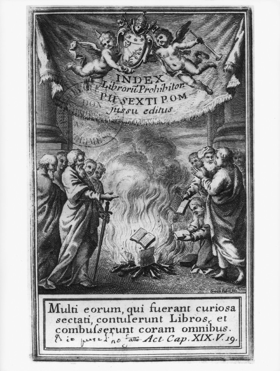 Frontispiece of Index Librorum Prohibitorum depicting an auto da fe by French School