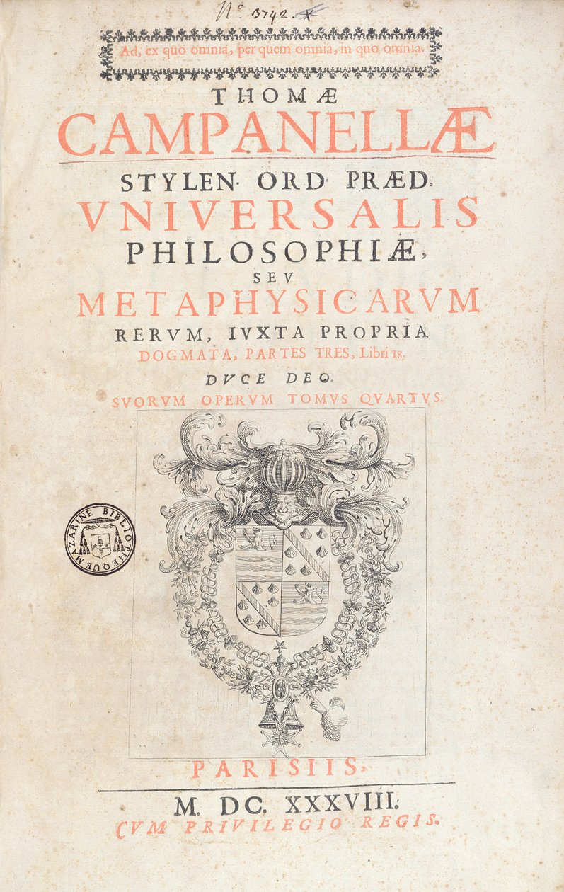 Frontispiece to Universalis Philosophiae by Tommaso Campanella, published in Paris, 1638 by French School