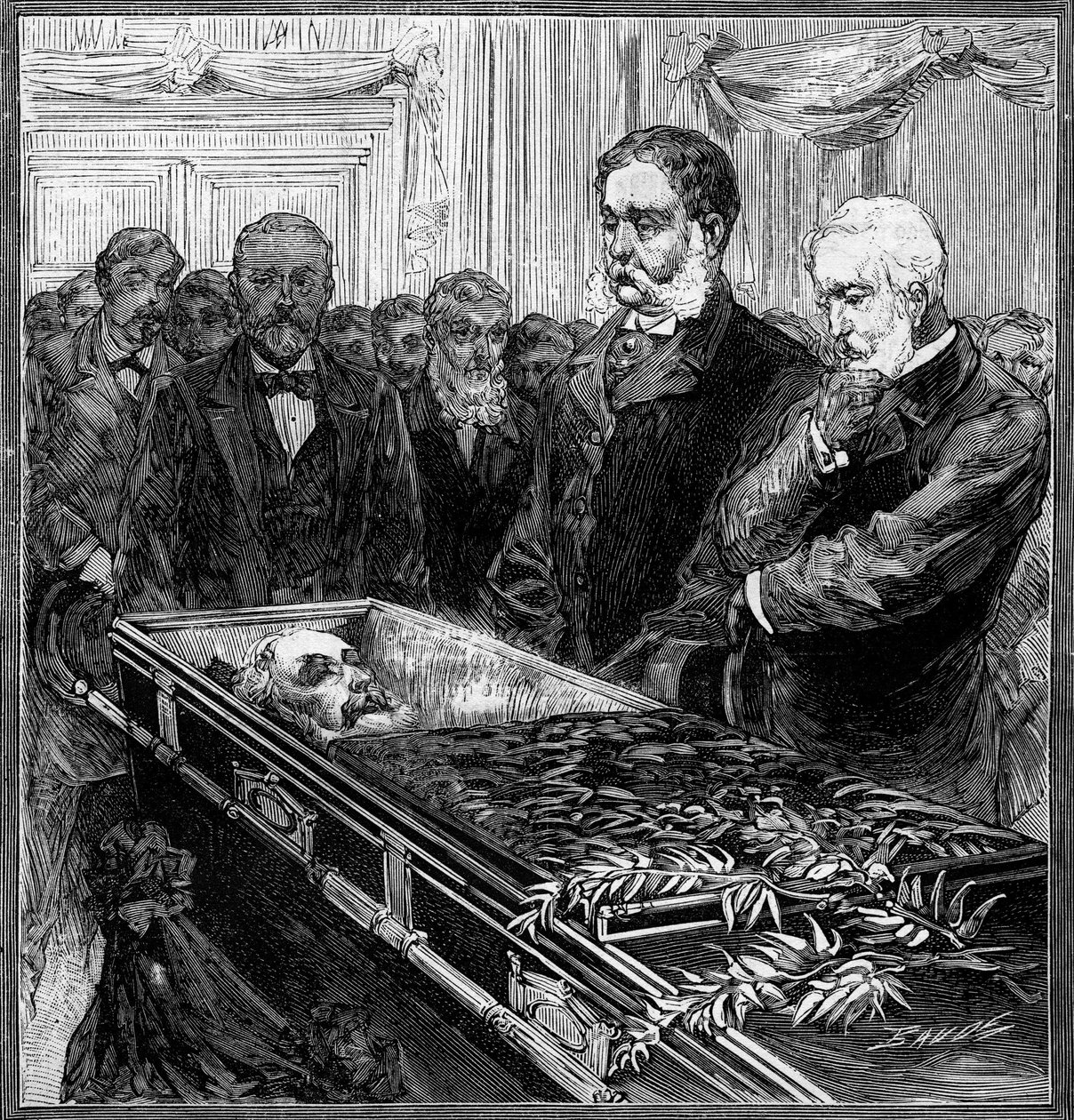 Funeral of James Abram Garfield, President of the United States: his replacement, Chester Alan Arthur and Secretary Blain in front of the coffin under the dome of the Washington Capitol. Engraving in 