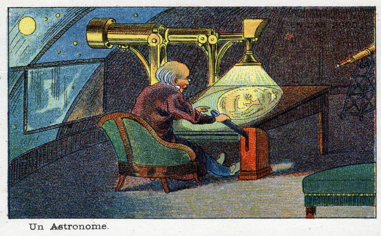 Futuredays: A Nineteenth Century Vision of the Year 2000 Series: An astronomer (working with a particular telescope). Chromolithography by Villemard by French School