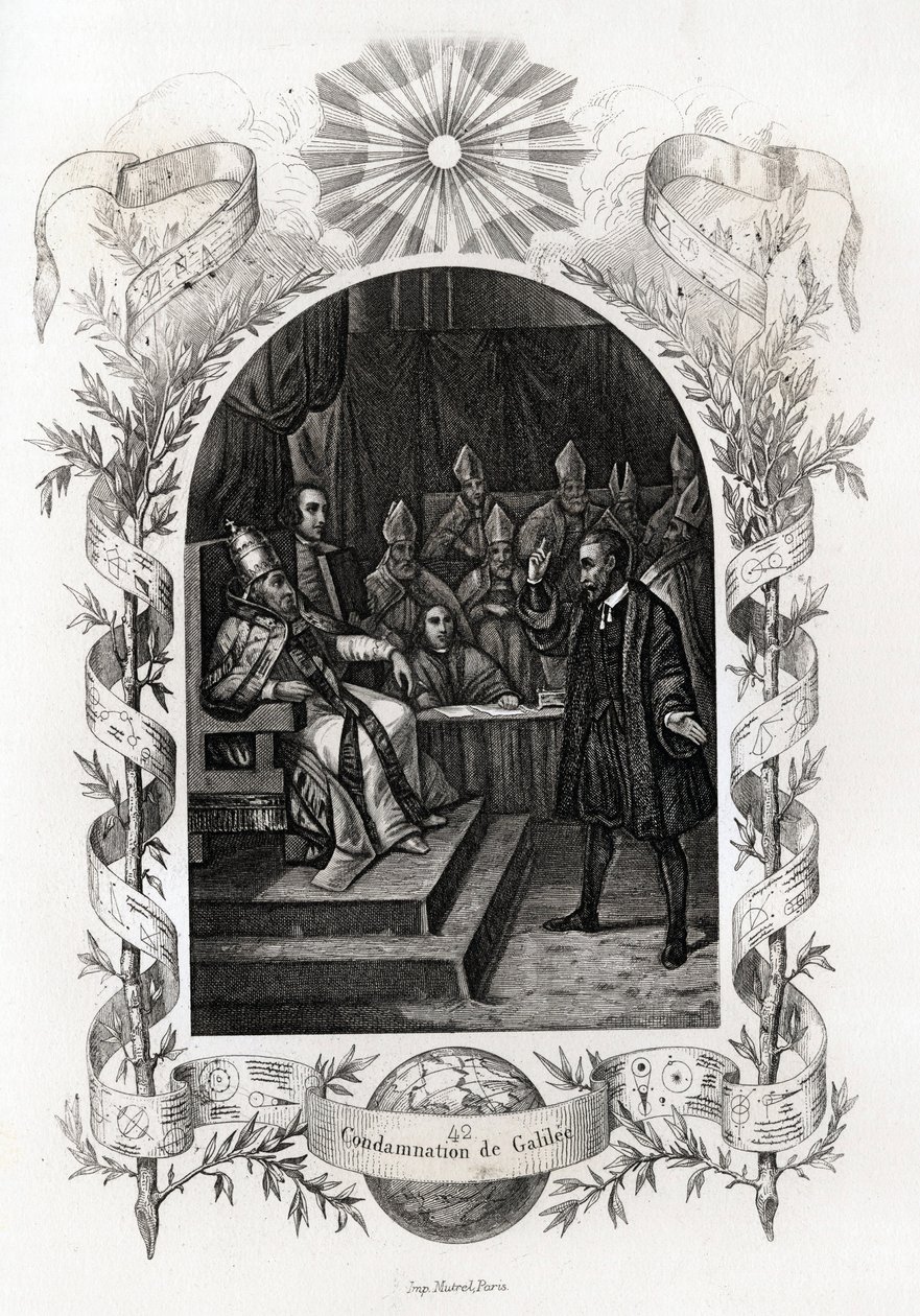 Galileo Galilei before the Holy Office in the Vatican. Engraving to illustrate Histoire des popes by Maurice Lachatre by French School