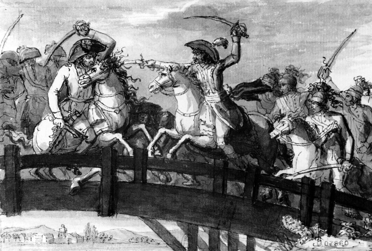General Alexandre Dumas, the Horatius Cocles of the Tyrol, killing single-handedly three Austrian opponents on the Clausen Bridge in 1797, c.1797 by French School