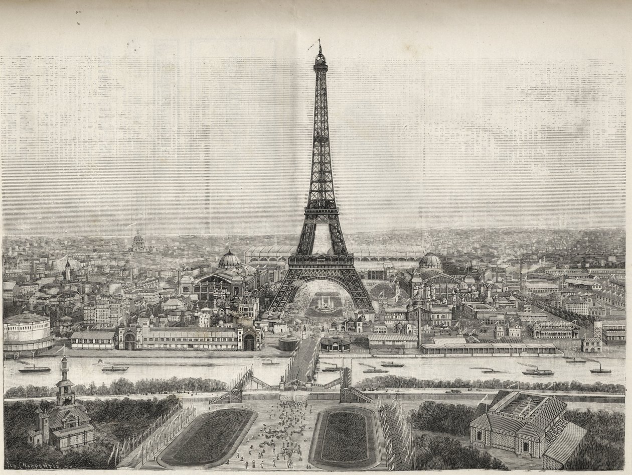 General View of the World Fair in Paris in 1889 with Eiffel tower from Trocadero, engraving by French School