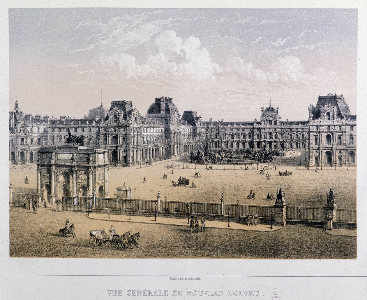 General view of the new Louvre: Arc du Carrousel - Engraving of the 19th century by French School