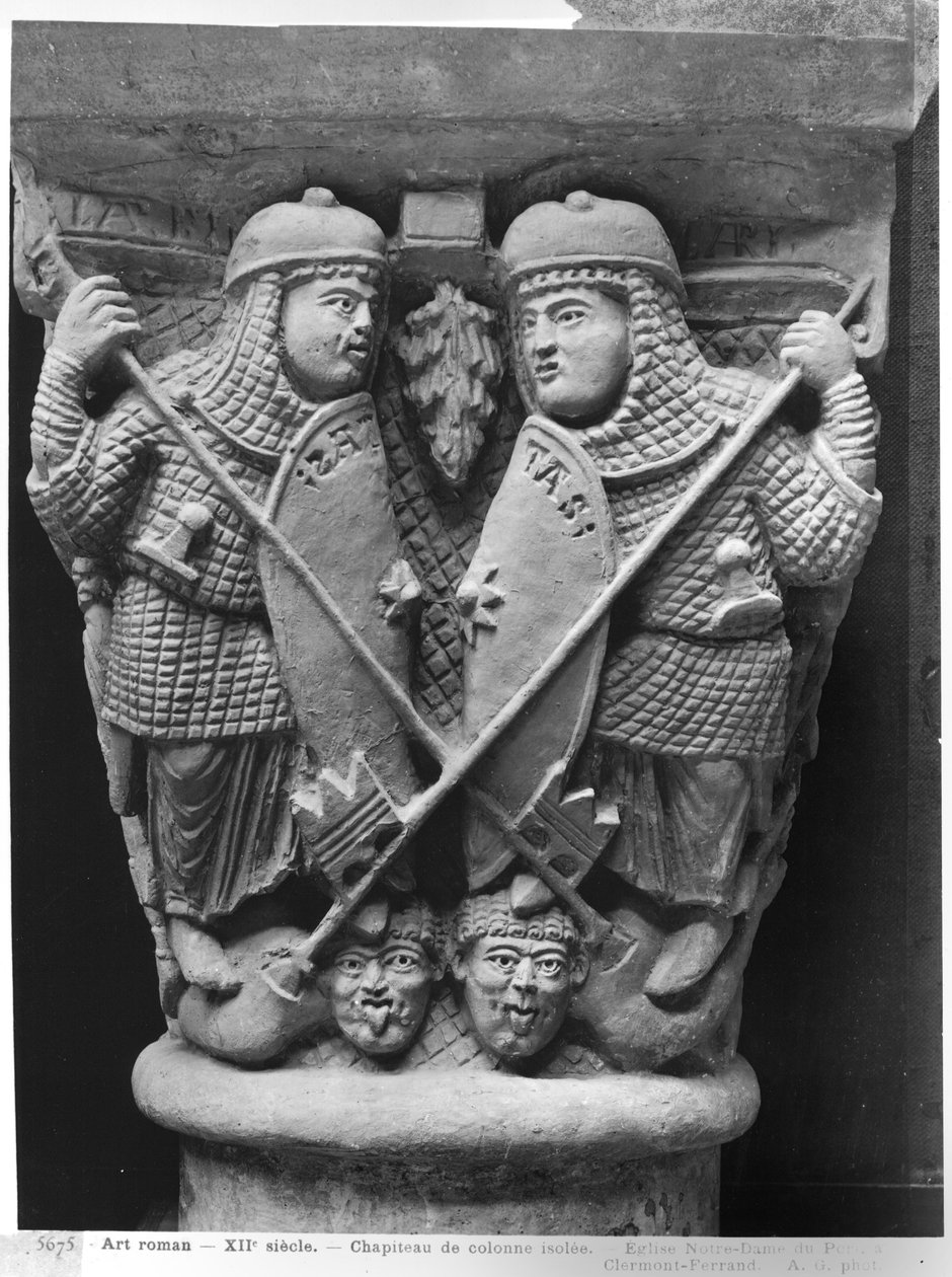 Generosity and Charity piercing two Vices, capital depicting the Fight of the Vices against the Virtues, from the church of Notre-Dame-du-Port, Clermont-Ferrand (plaster cast from stone) by French School