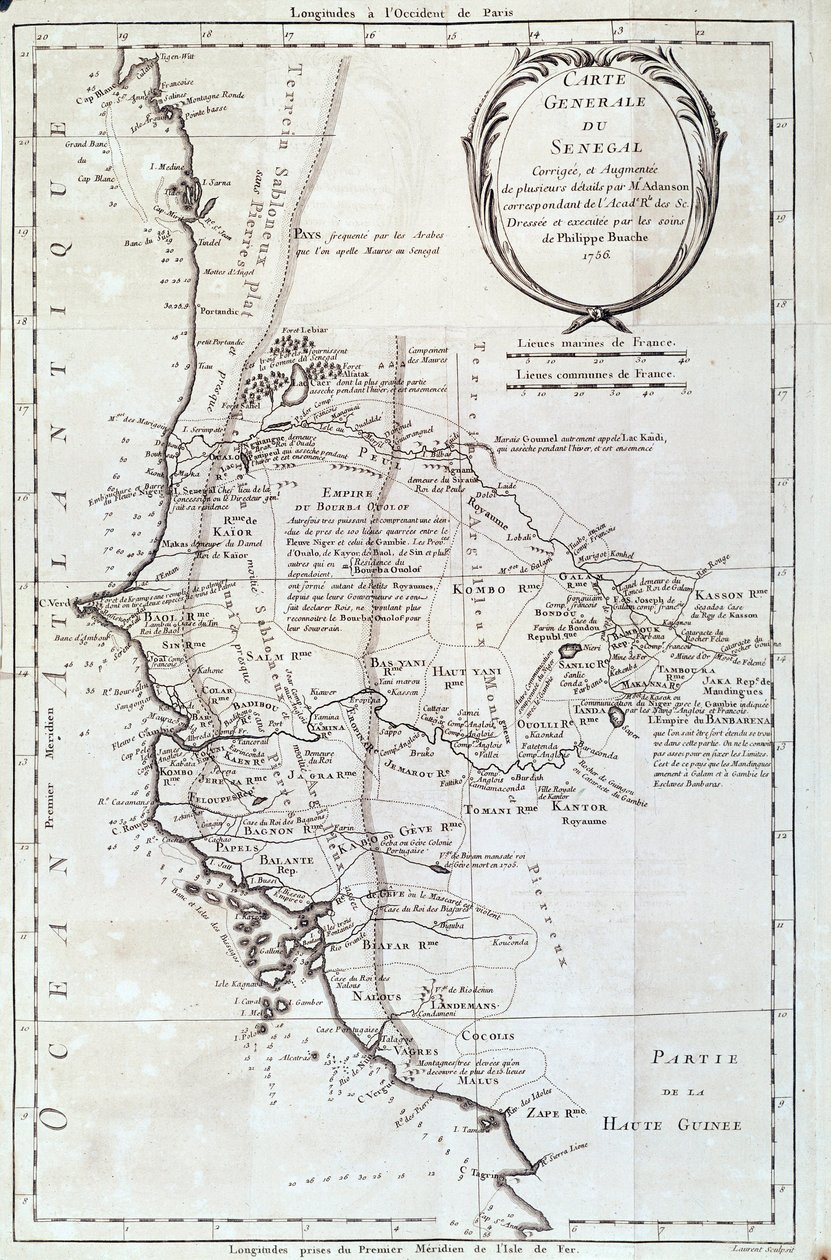 Geographic map of Senegal from an Atlas by Philippe Buache (1700-1773) 1756 Paris, natural history museum by French School