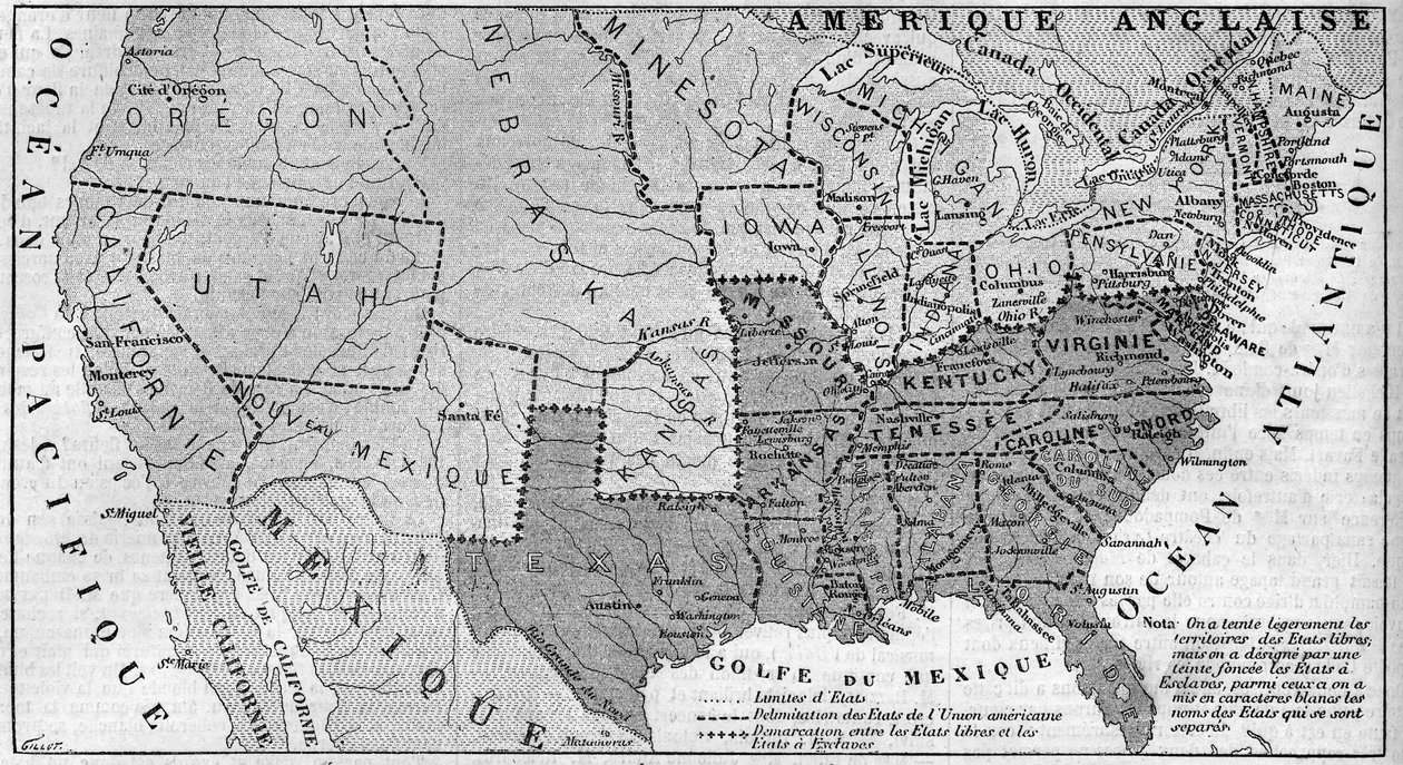 Geographic map of the United States of America in March 1861. Slavery states are represented in the run. Written in white, the names of the seven confederate states that separated from the Union: Texas, South Carolina, Mississippi, Florida, Alabama, Georgi by French School