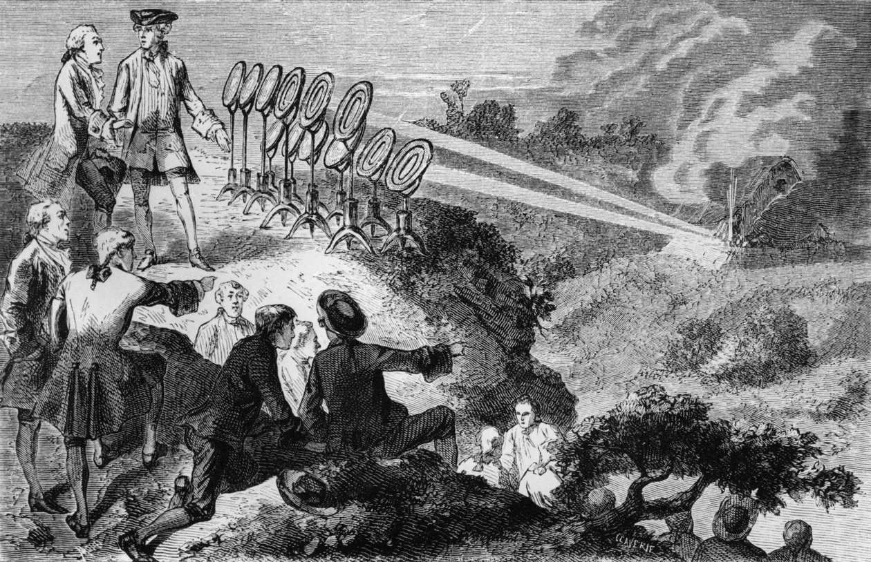 Georges-Louis Leclerc Count de Buffon experimenting blazing mirrors on haystacks at Montbard, from La Vie des Savants Illustres by Louis Figuier, published in Paris by French School