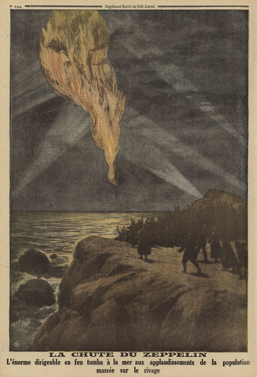German Zeppelin Shot Down in Flames by Anti-Aircraft Fire and Crashing into the Sea, World War I by French School