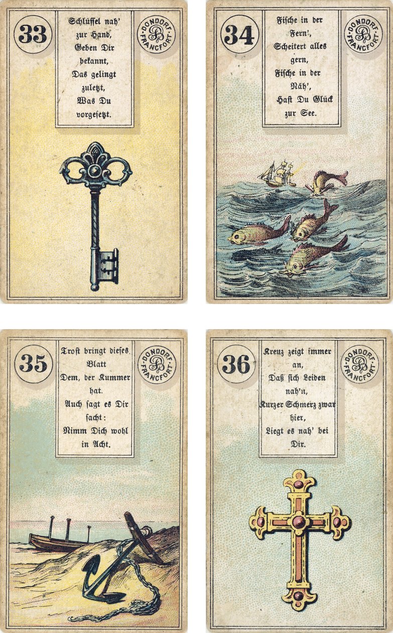 German edition of the Lenormand French cartomancy deck: The Key, The Fish, The Anchor, The Cross, published by Dondorf, Frankfurt, 19th Century by French School