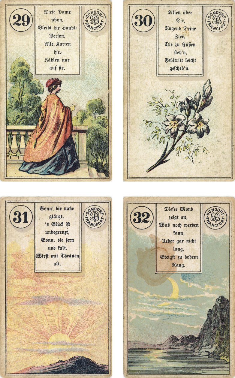 German edition of the Lenormand French cartomancy deck: The Lady, The Lilies, The Sun, The Moon, published by Dondorf, Frankfurt, 19th Century by French School