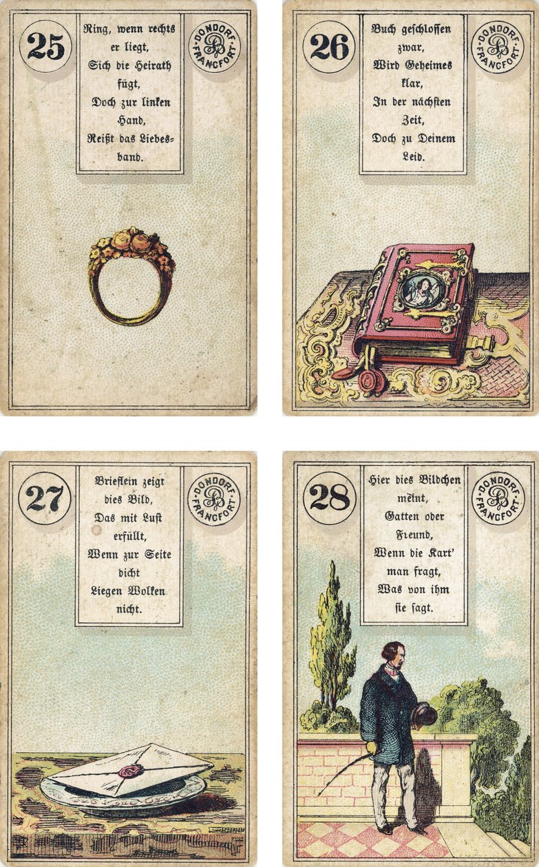 German edition of the Lenormand French cartomancy deck: The Ring, The Book, The Letter, The Gentleman, published by Dondorf, Frankfurt, 19th Century by French School