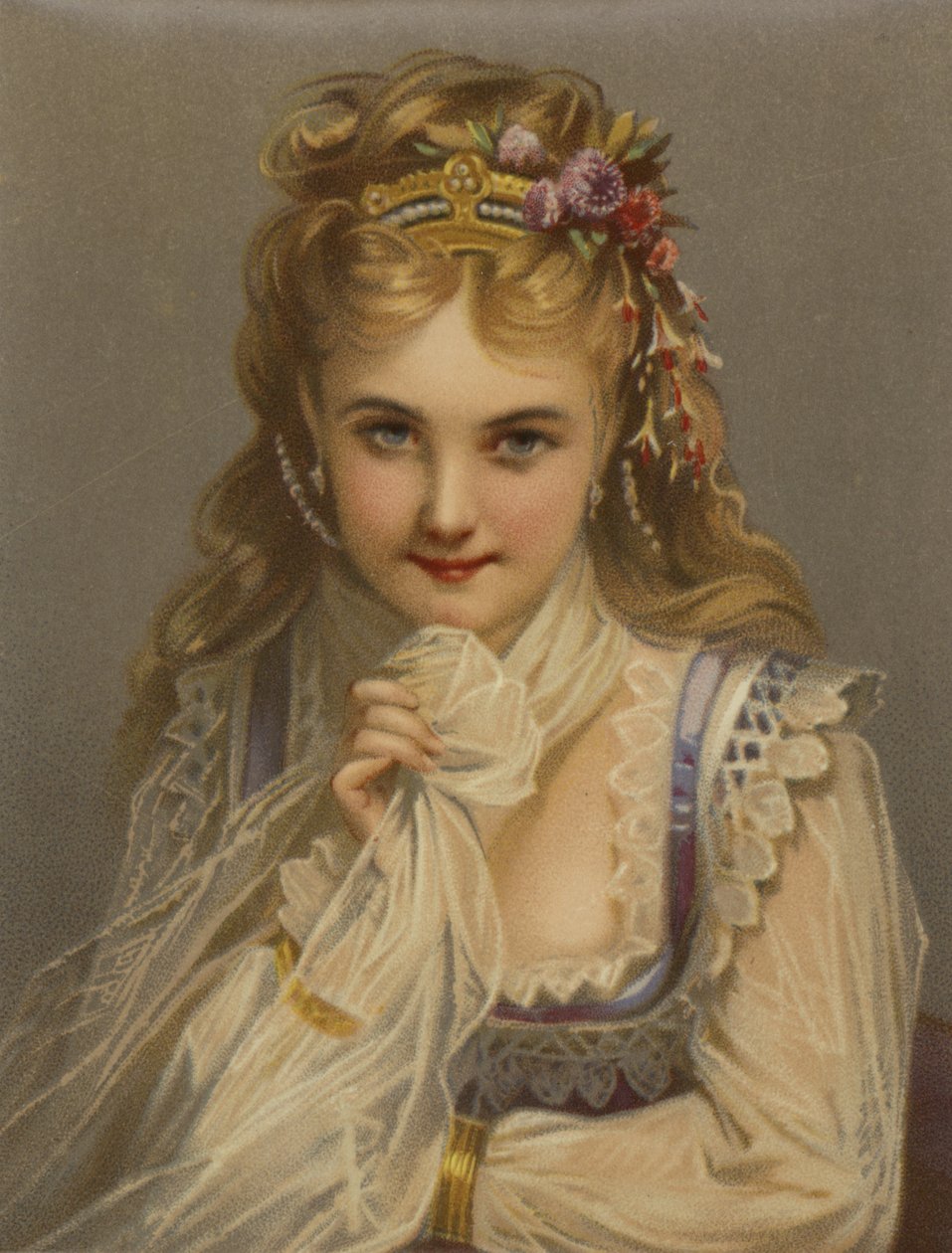 Girl with Blonde Hair, Jewels, Flowers, and Coy Smile by French School