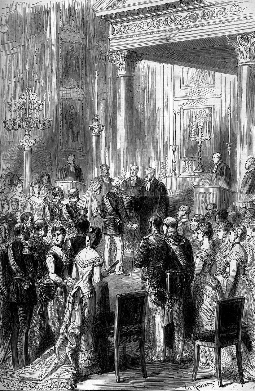 Golden Wedding of German Emperor William I and Impress Augusta: Religious Ceremony in the Chapel of the Imperial Palace in Berlin, June 1879. Engraving in Le Monde Illustré n°1162 of July 5 by French School