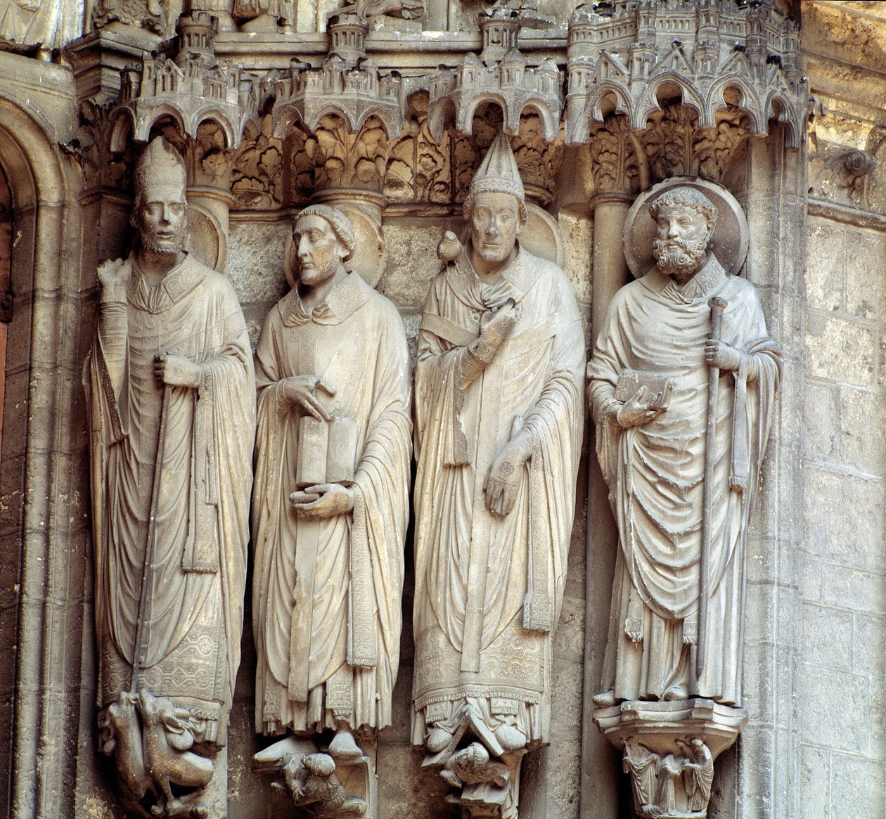 Gothic Art: representation of Saint Martin, Saint Jerome, Saint Gregory I and Saint Avitus of Vienne (central bay of the south portal of the Basilica of Notre Dame de Chartres) by French School