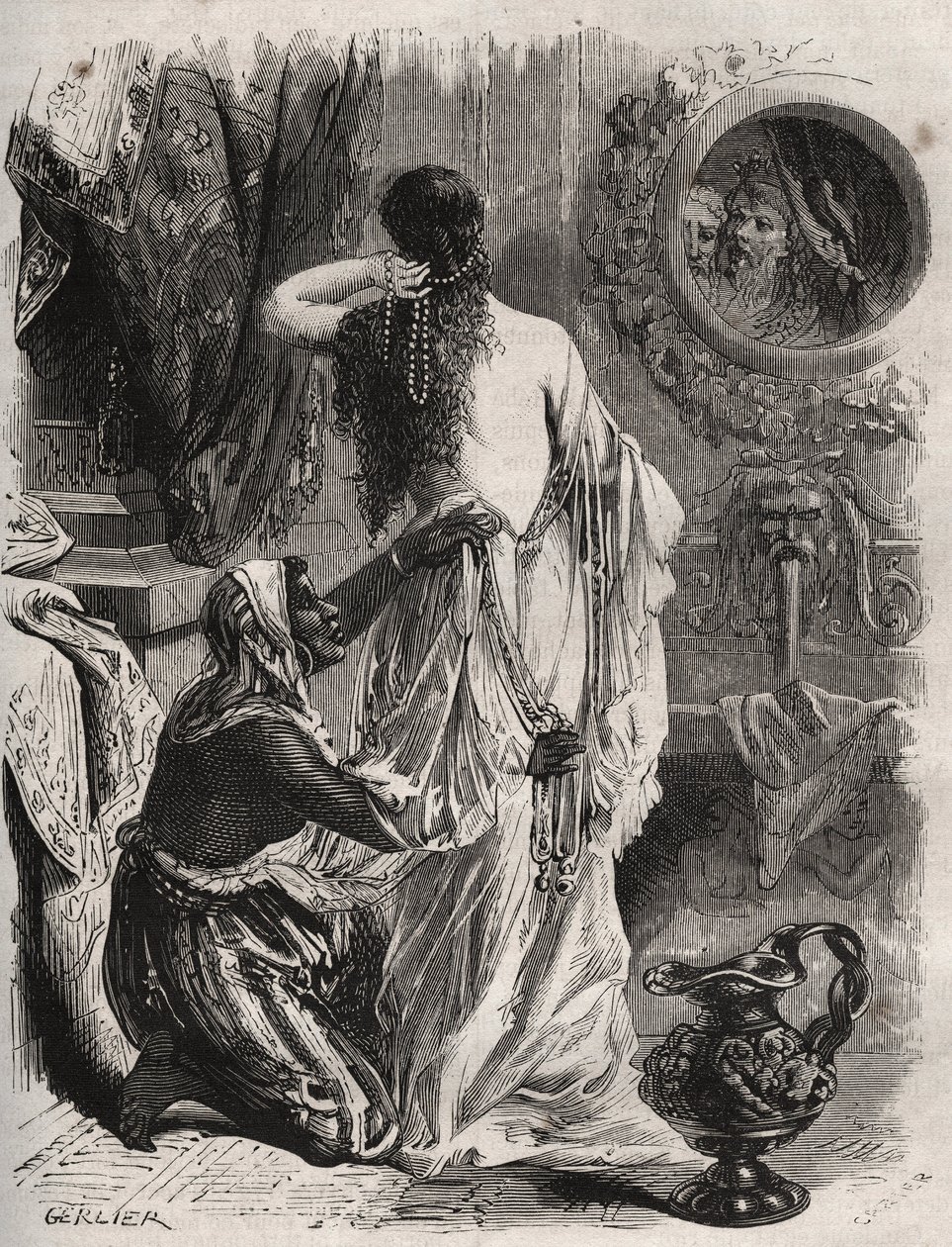 Greek mythology: the king of Lydia Candaule shows his wife naked to his confidant Gyges, hides in the shadows when she uncloses in the bedroom. Engraving from 1871 in Histoire Des Cocus Celebres by Henry de Kock (1819-1892) by French School