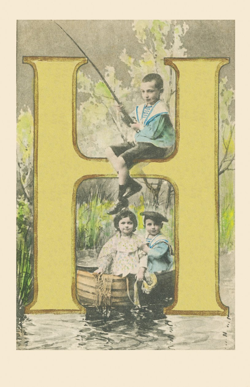 A boy holding a fishing rod, two children in a boat by French School