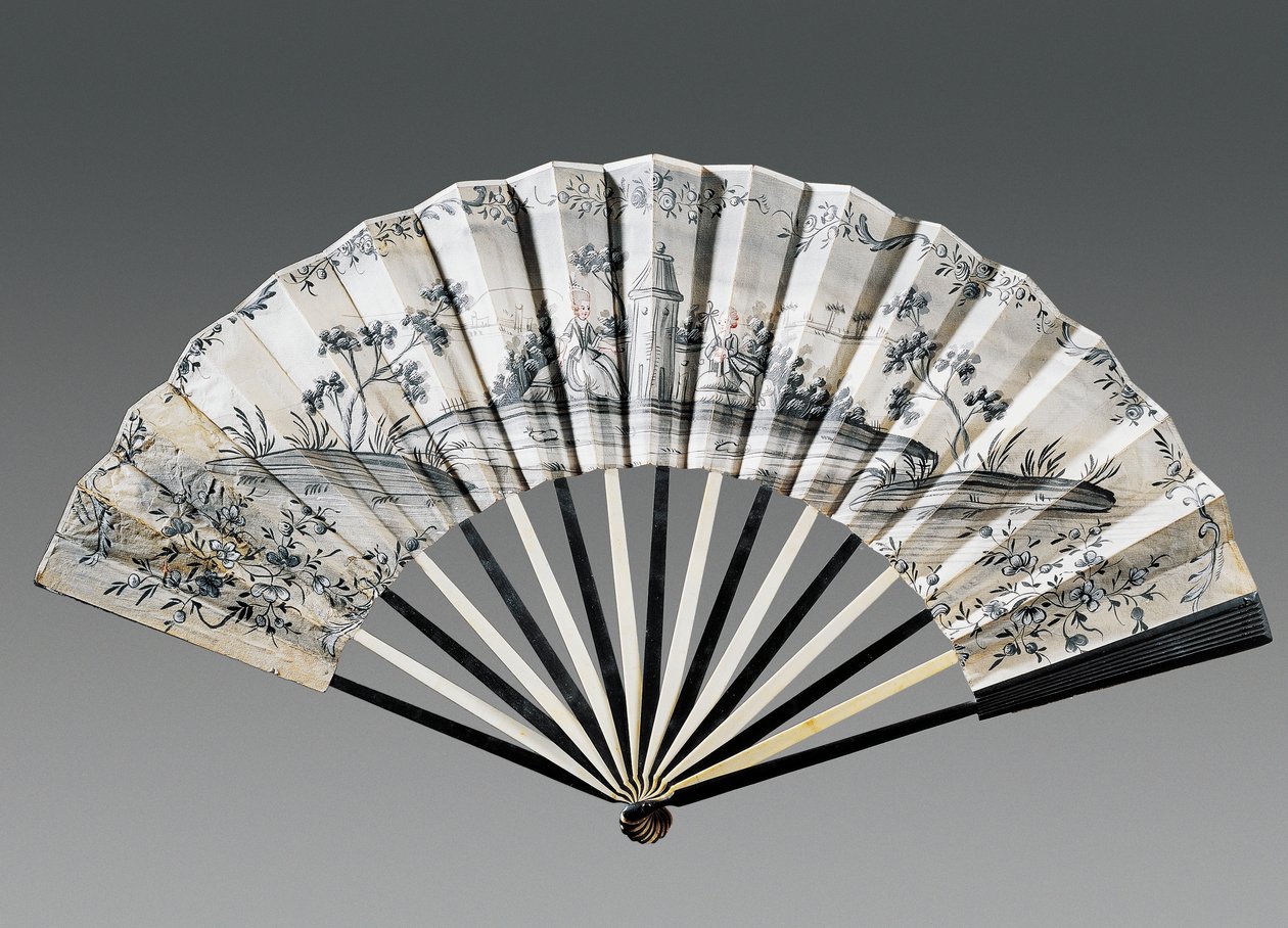 Half-mourning hand fan depicting landscape and female figure by French School