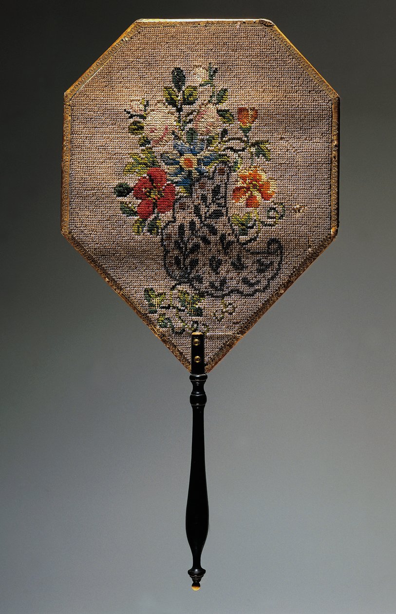Hand fan with bead embroidered floral motif by French School