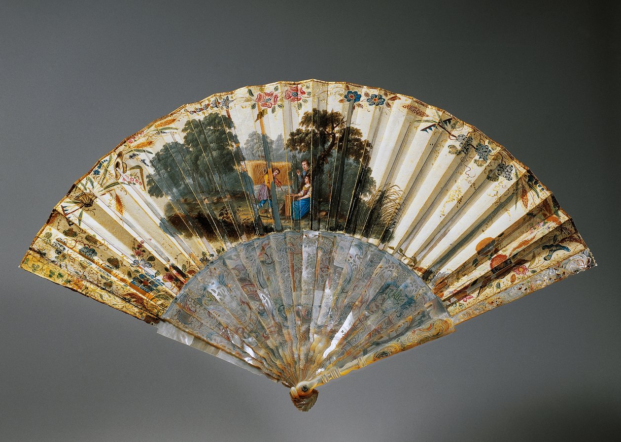 Hand Fan with Allegories of Four Seasons, Goatskin Leaf and Mother of Pearl Ribs by French School