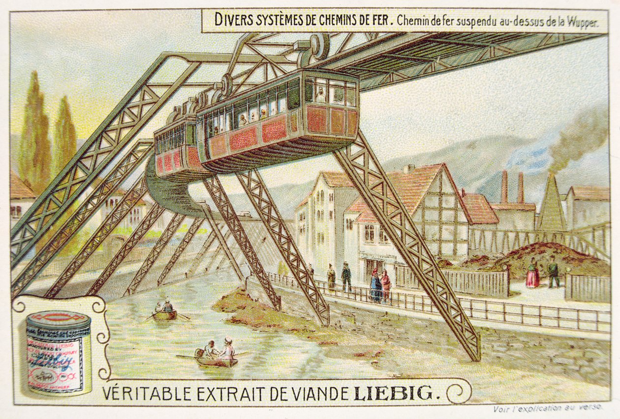 Hanging train on the Wupper river, promotional advertising card for Veritable Extrait de Viande Liebig by French School