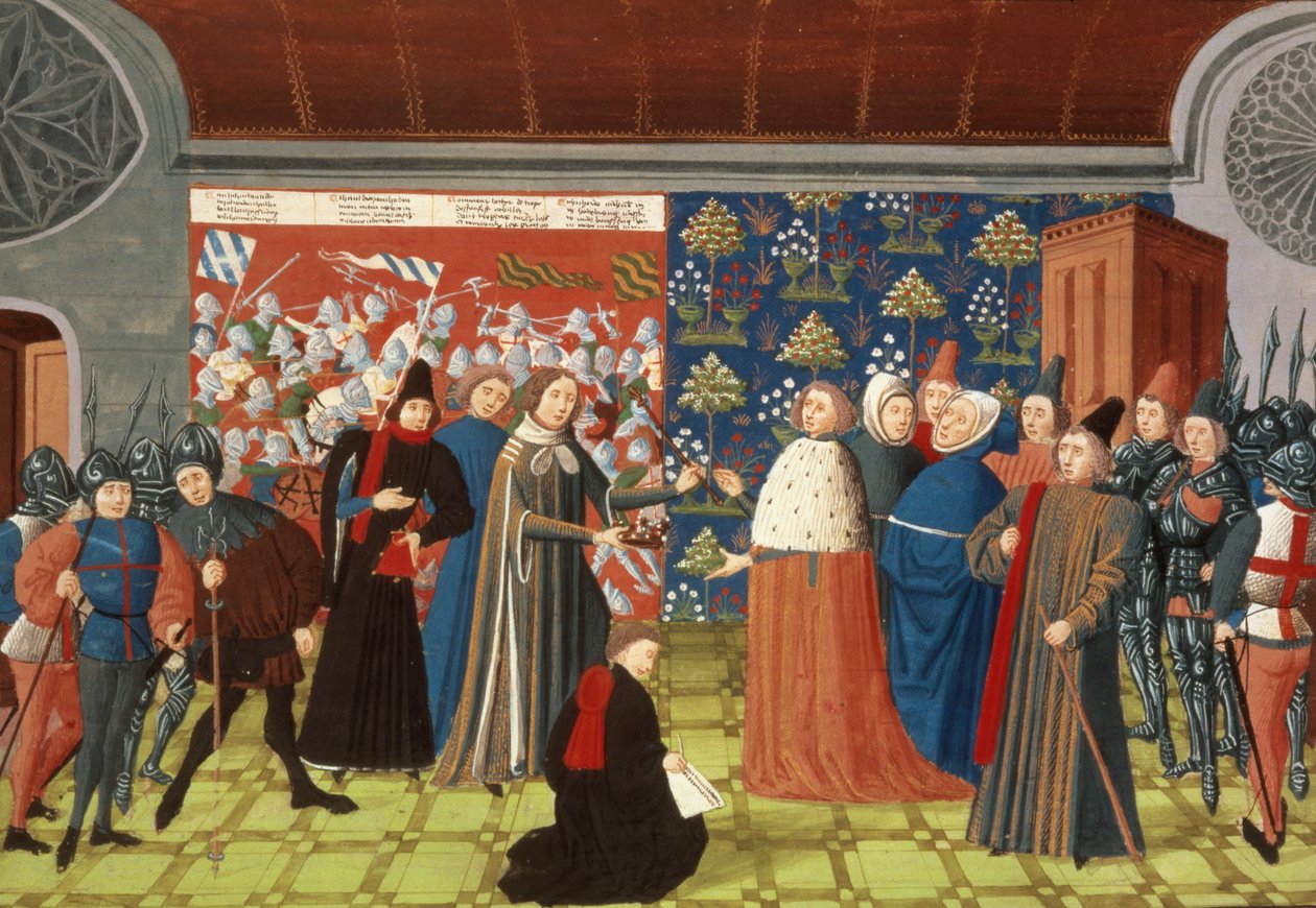 Richard II yields the crown to the Earl of Derby, from Froissart