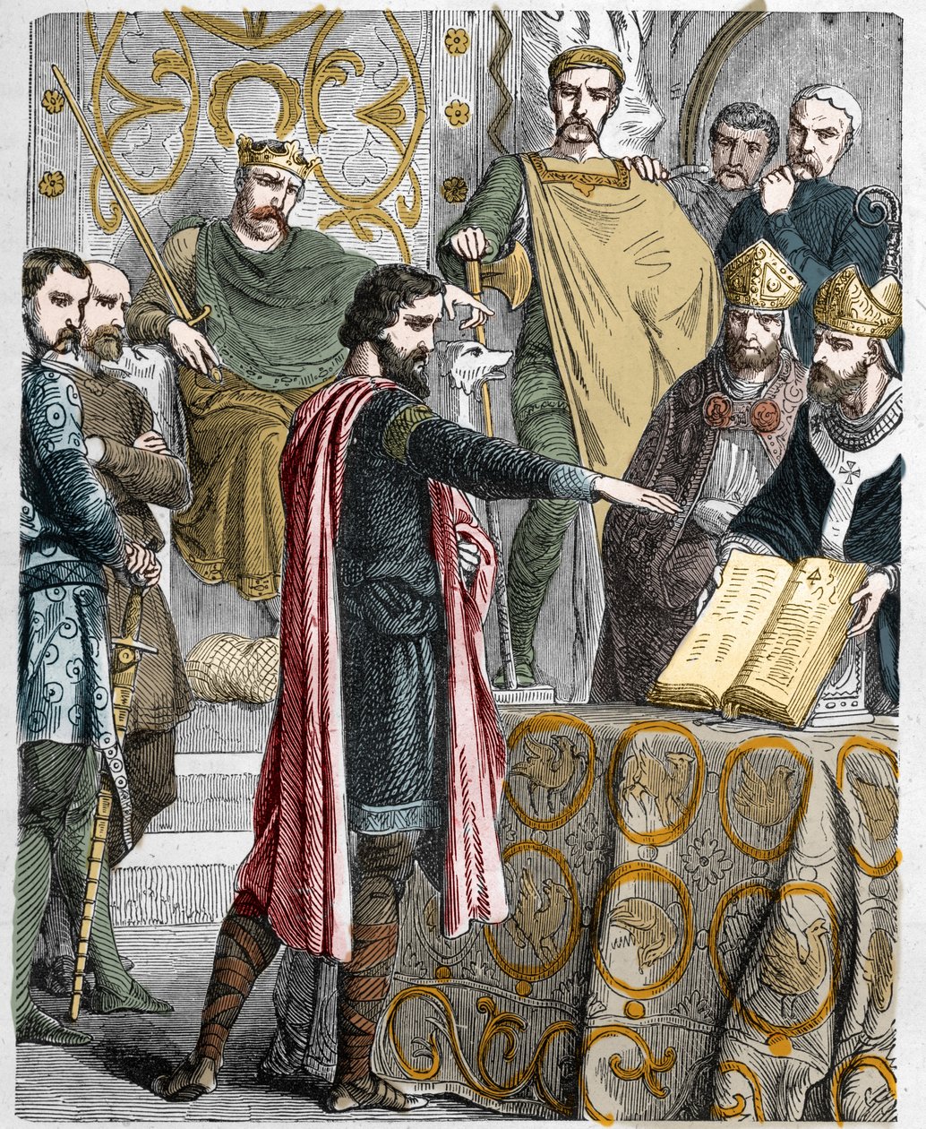 Harold II (1020-1066) last Anglo-Saxon King crowned in 1064, sworn on the sacred relics before William I the Conqueror to support his cause in the throne of England at the death of Edward the Confessor by French School