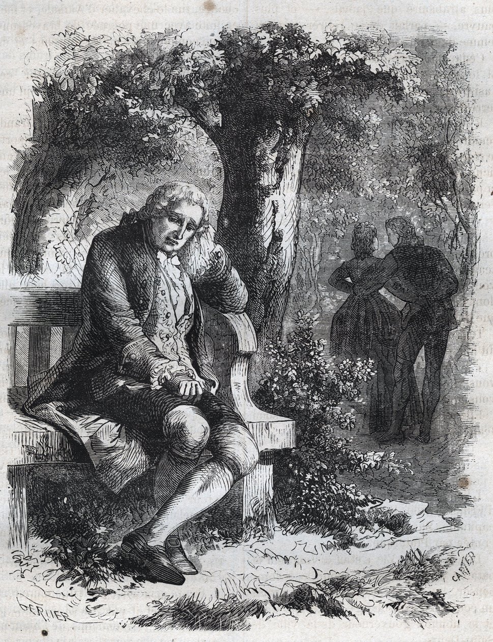 He Heard the Whisper of a Kiss. The Swiss Philosopher Jean-Jacques Rousseau (1712-1778) Surprises His Companion Marie-Therese Le Vasseur (1721-1801) in Full Adultery. Engraving from 1871 in 
