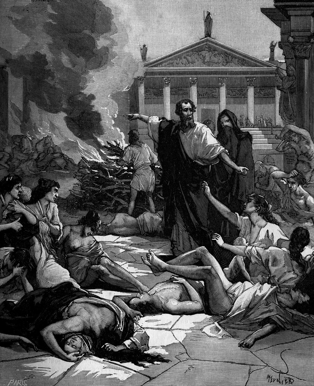 Hippocrates (in Greek Hippokrates) Greek doctor (460 to 380 BC) arrives at Athens to decimate the plague by lighting large fires by French School