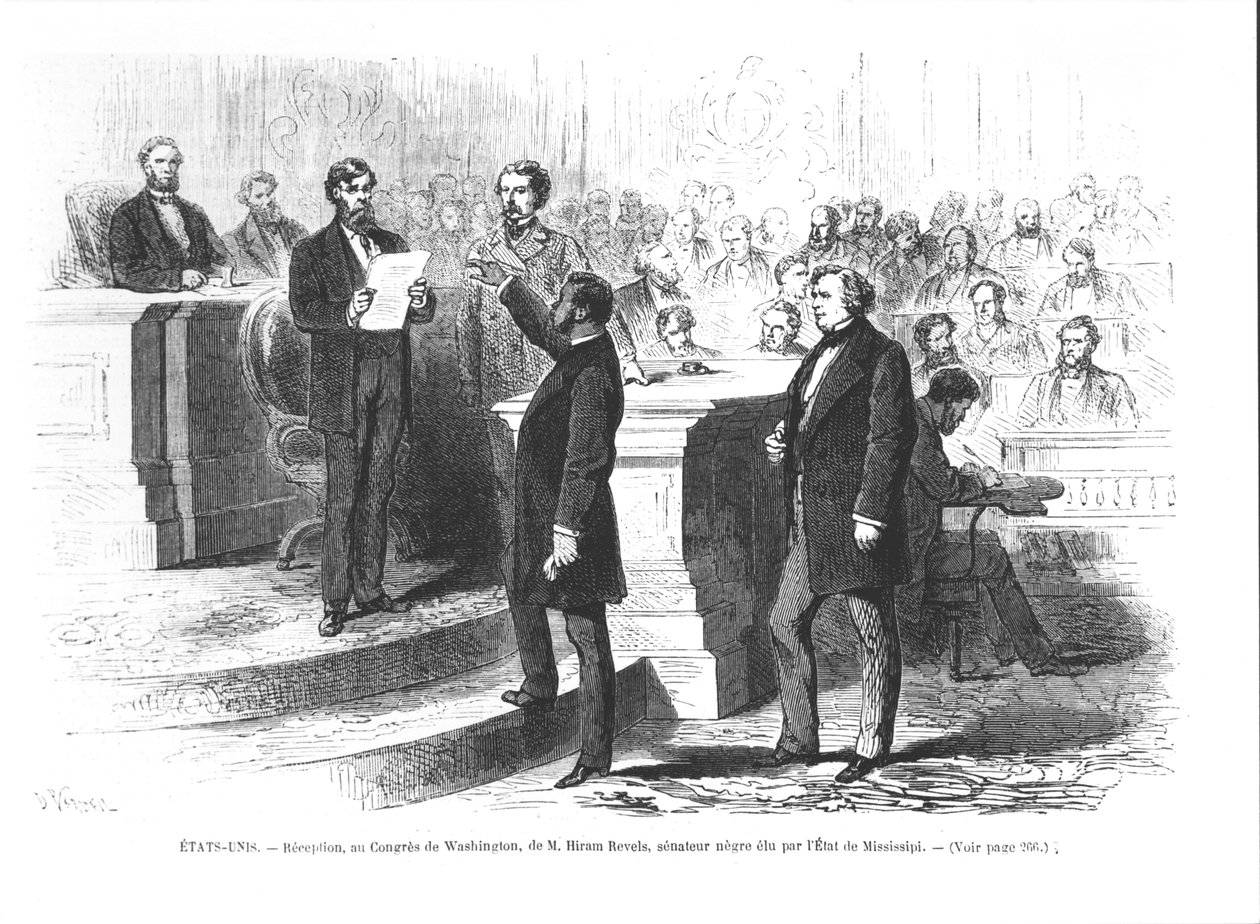 Hiram Revels, the first black Senator of the State of Mississippi being sworn into the Washington Congress by French School