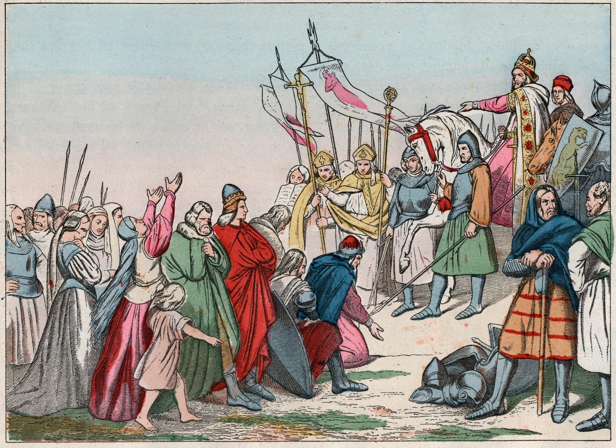 History of Gaul in the Middle Ages: Germanic Saxons kneeling before King Charlemagne (742 - 814), winner of the wars. Engraving from the end of the 19th century in 
