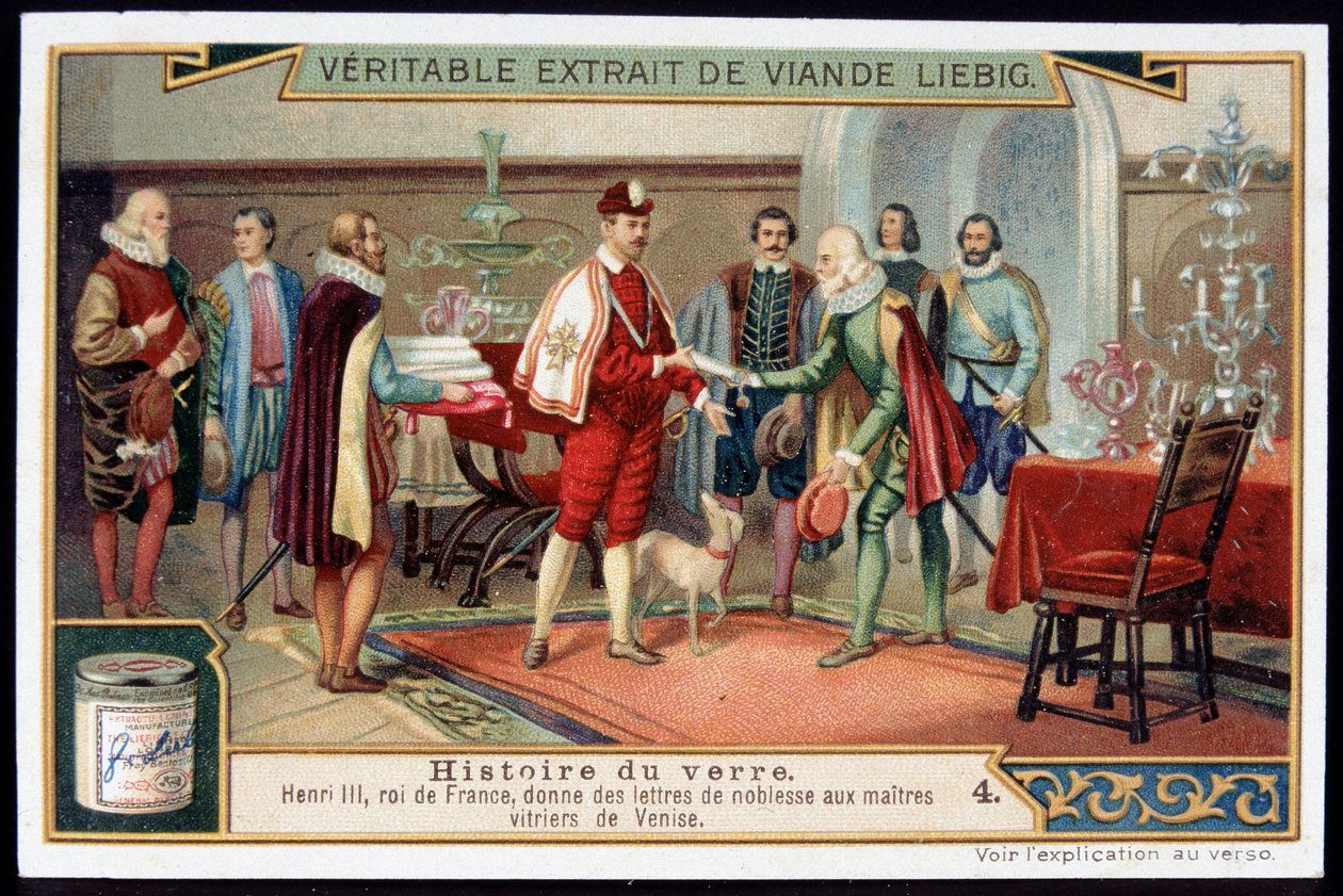 History of Glass: Henry III, King of France gives letters of nobility to the master glaziers of Venice. Late 19th century Liebig chromolithography by French School
