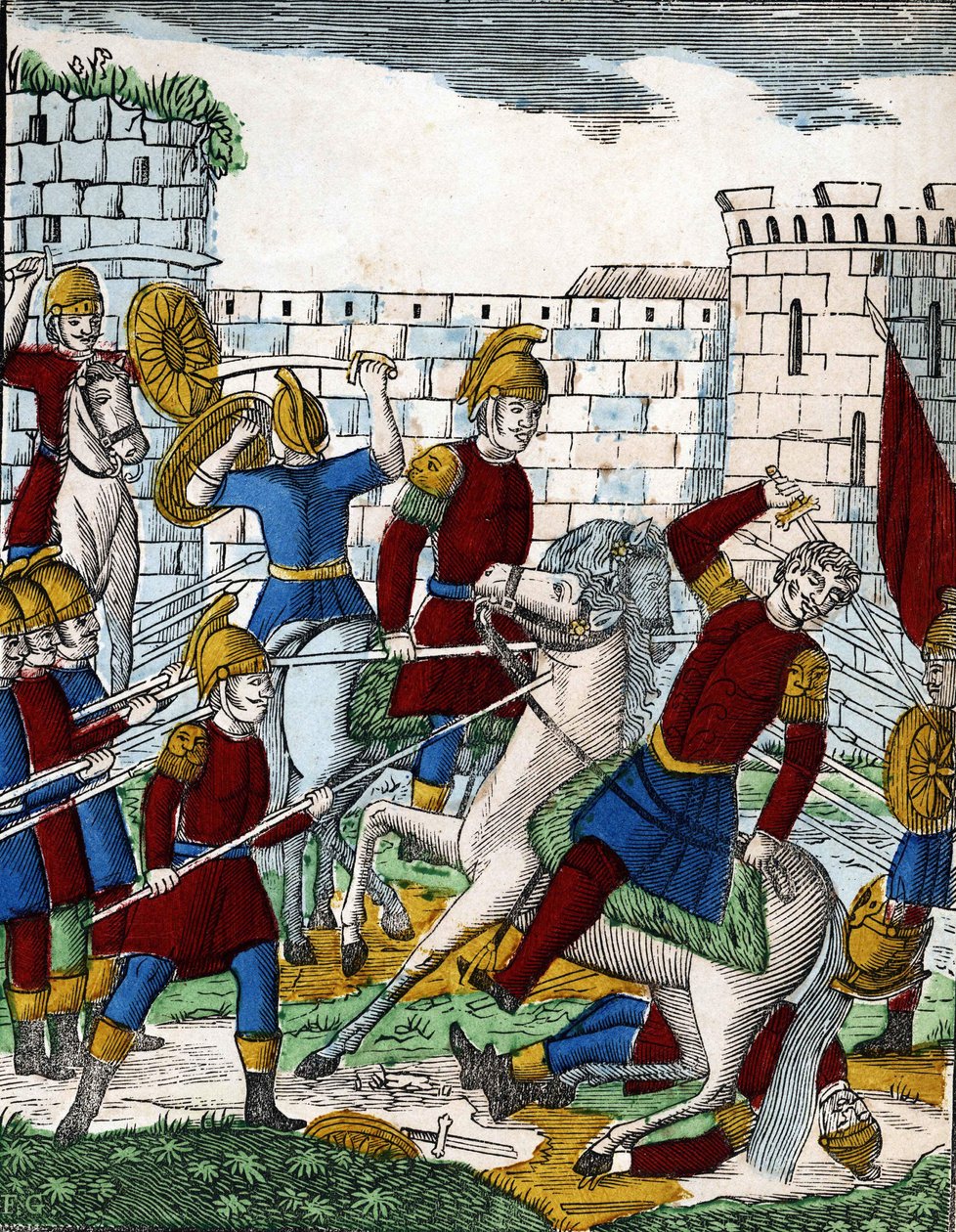 History of the four sons Aymon; The traitor Ganelon, ambushed in the valley of Soissons, kills the Duke of Beauves d