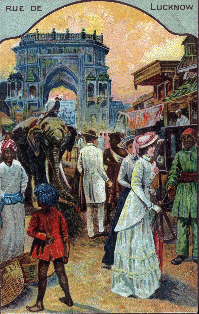 History of tourism: Western tourists in a street of Lucknow, India by French School