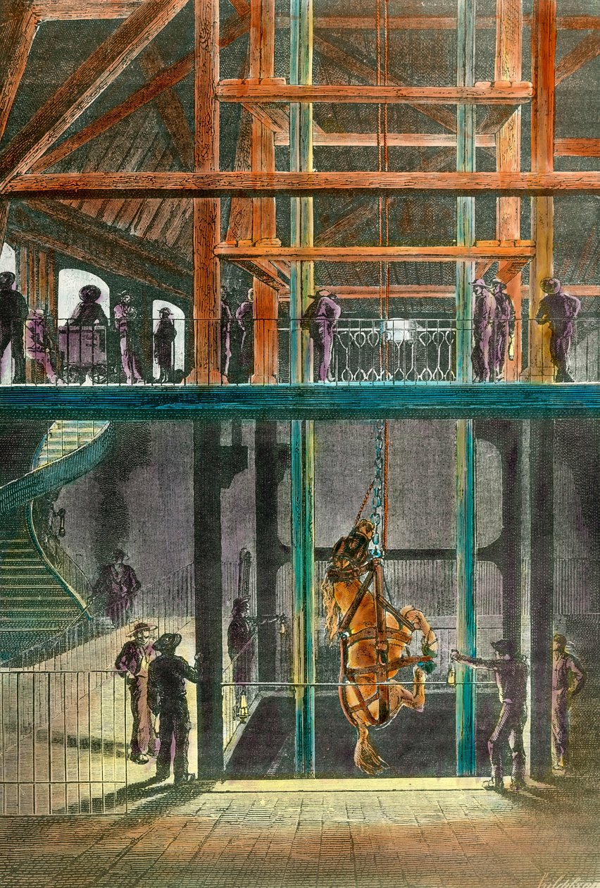 Horse descent in the Creusot mine in 1865 by French School
