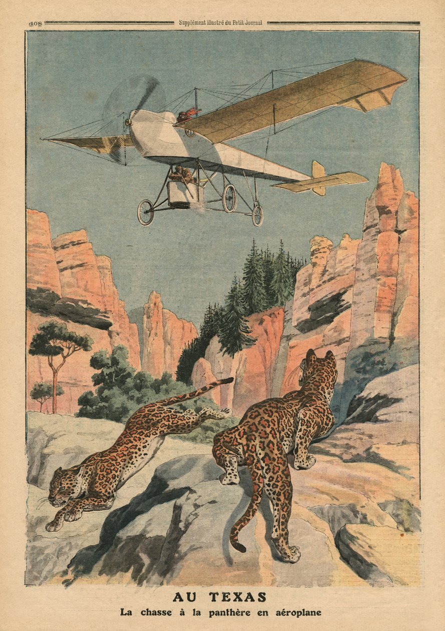 Hunting panthers from an airplane in Texas, illustration from 