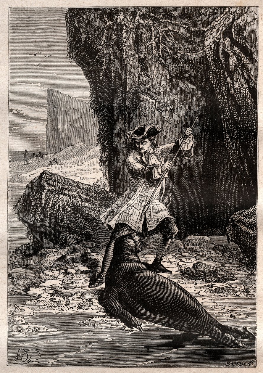 I Shoved My Spade in His Chest: Woodes Rogers Attacked by a Marine Dog (Seal) on One of the Galapagos Islands in the Pacific Ocean in 1709 - Illustration Taken from 
