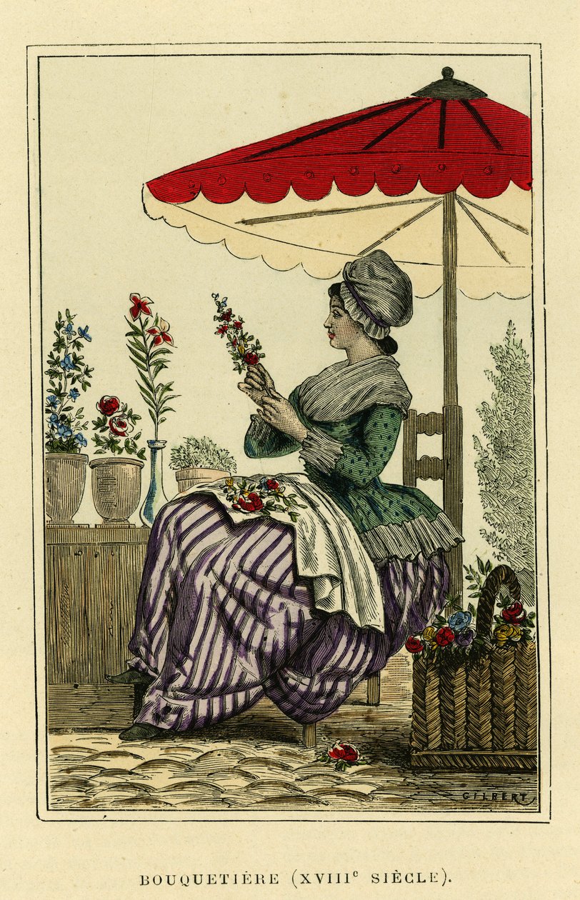 Ibex costume of the 18th century. Colour engraving, in France et les francais a travers les centuries by Augustin Challamel, F.Roy editor, Paris 1882. Selva Collection. by French School