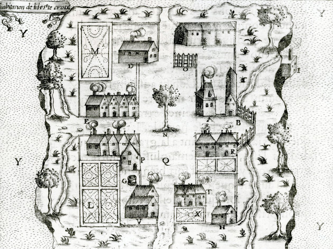 Ile Ste. Croix, the Earliest French Settlement in Acadia, from Voyages by Samuel de Champlain by French School