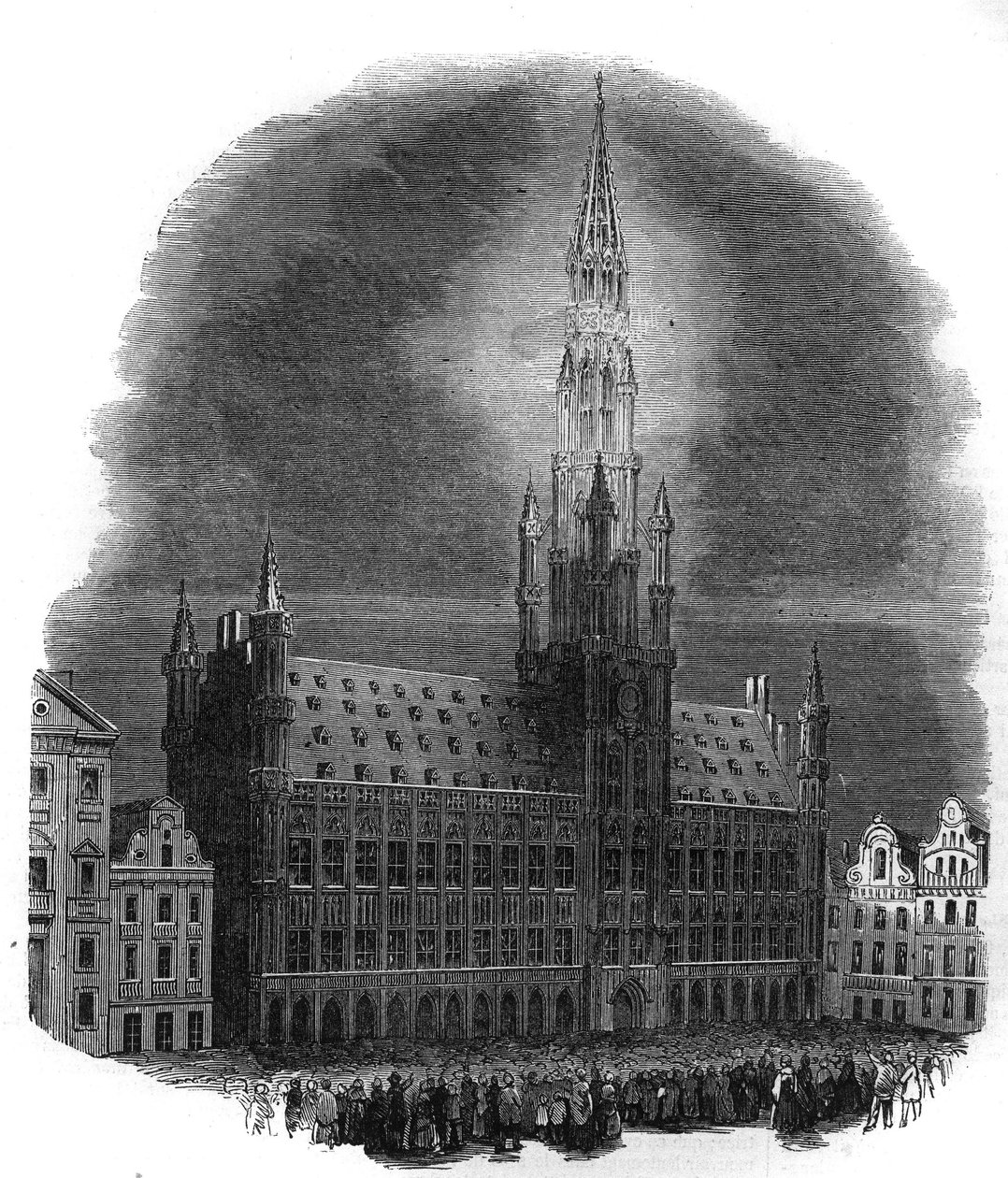 Illumination of the Brussels City Hall on 26 September 1864 on the occasion of the anniversary of the fighting that liberated Belgium from Dutch domination. From a sketch by M.D.A. Engraving in The Illustrous Universe by French School
