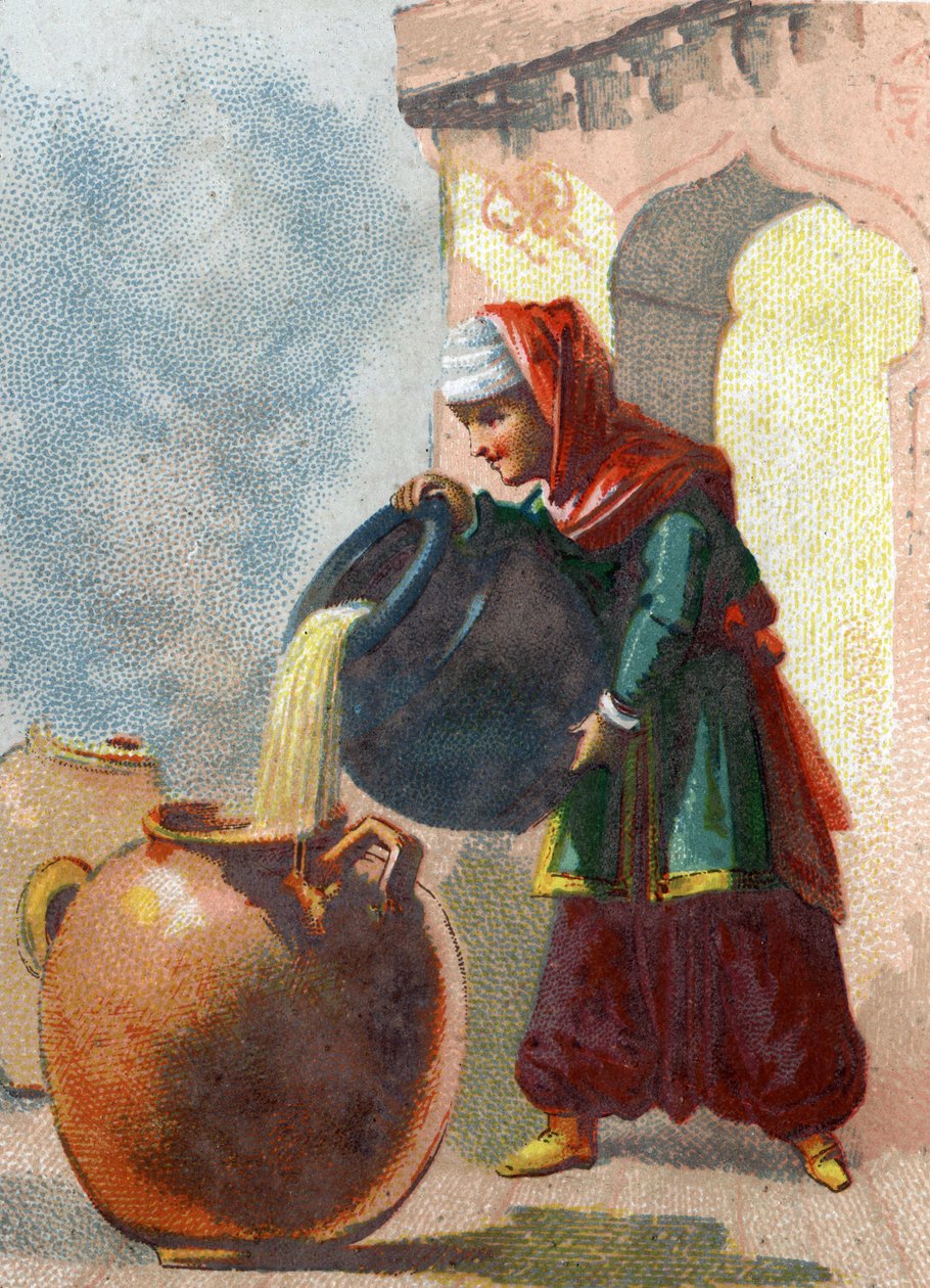 Illustration for the Tales of the Thousand and One Nights. Morgiane, a slave of Ali Baba, realizing that the vases contained thieves, took away their lives by pouring boiling oil into each vessel by French School