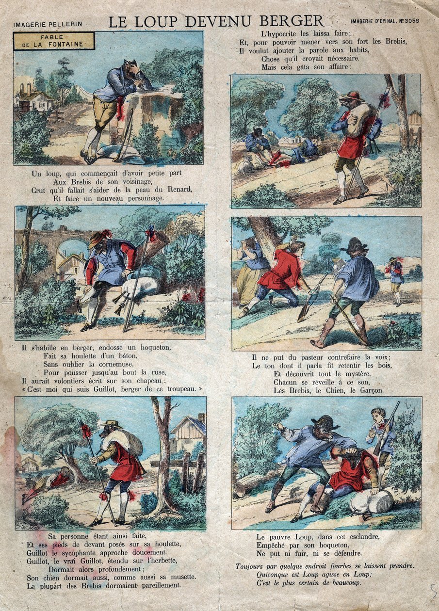 Illustration of the fable by Jean de la Fontaine: the wolf became a shepherd by French School