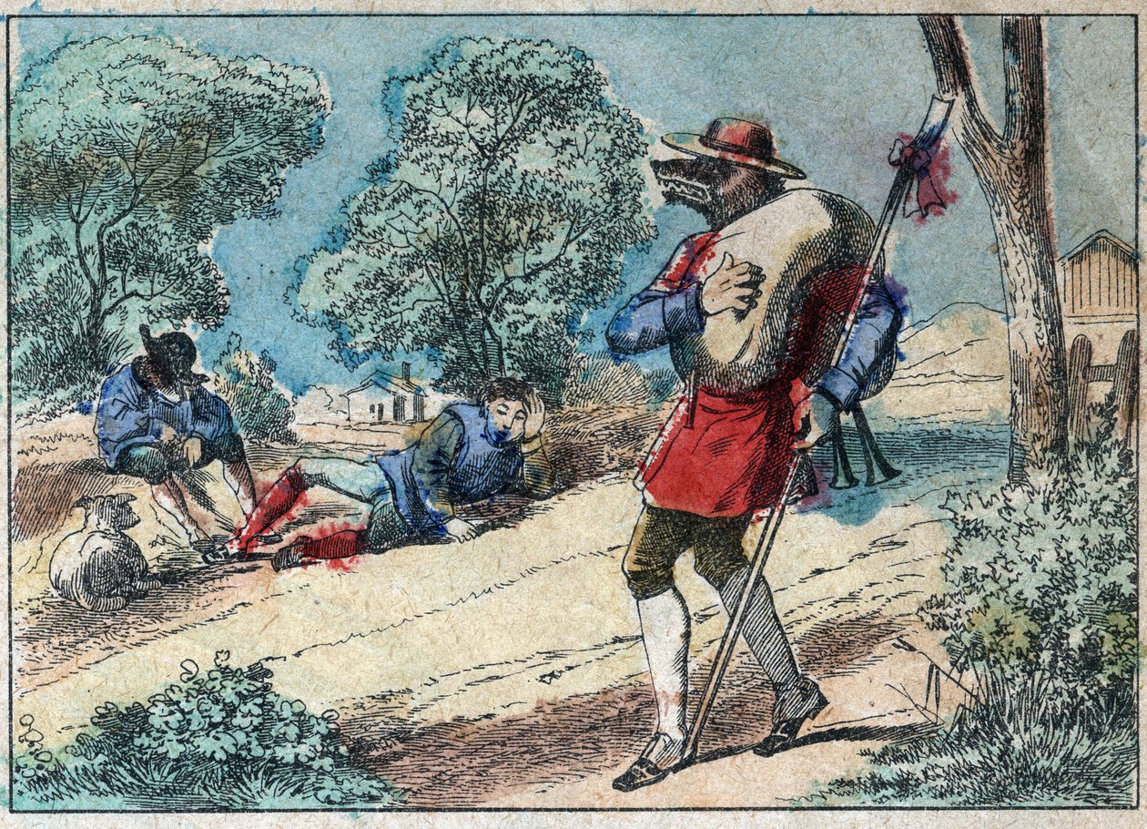Illustration of the fable by Jean de la Fontaine: the wolf became a shepherd by French School