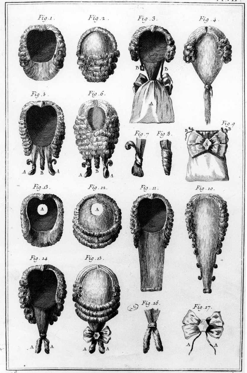Illustrations of various wig fashions, plate VII, vol.8, from Encyclopedie des Sciences et Metiers by Diderot, published c.1770 by French School