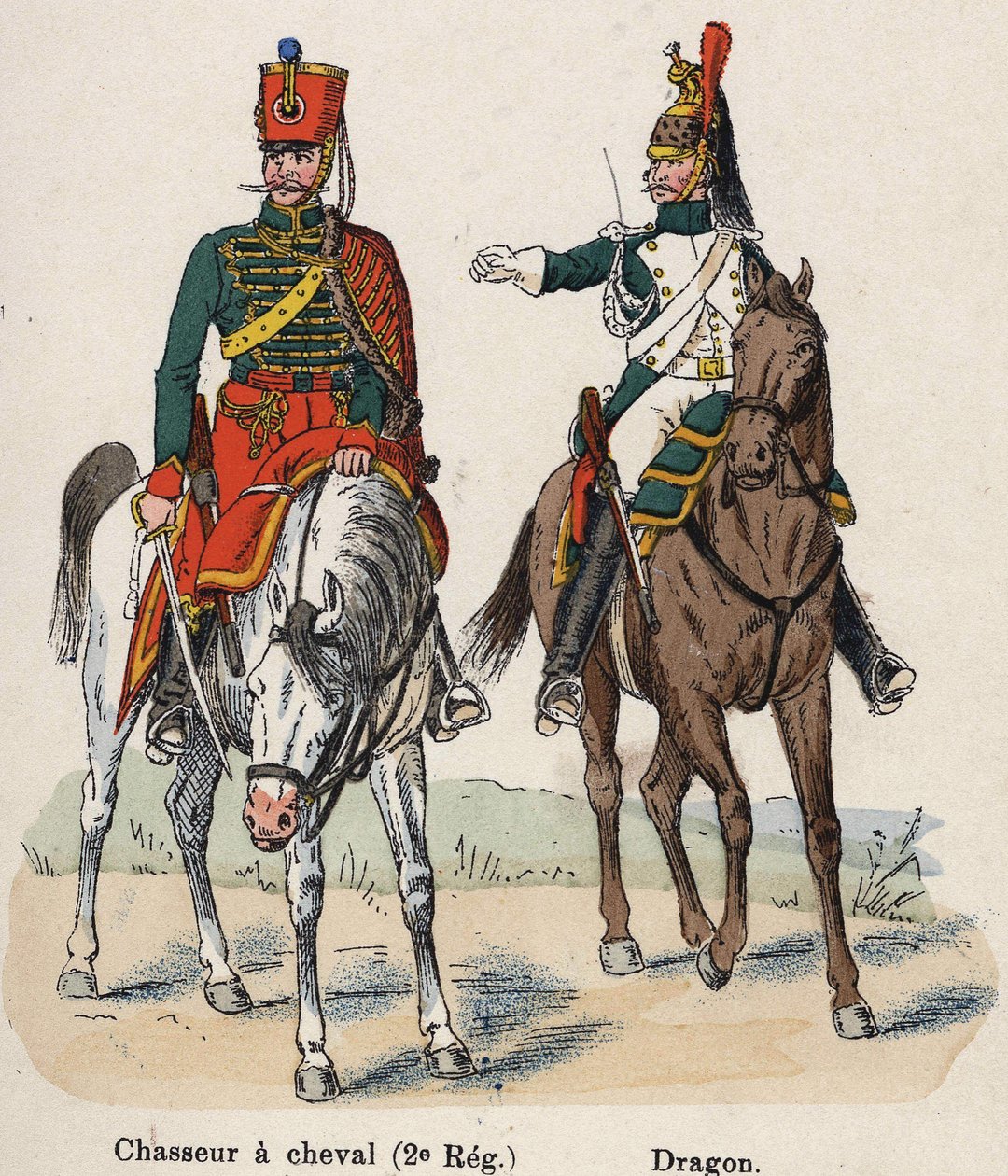 Imperial Guard Napoleon I: Horseback Hunter (2nd Regiment) and Dragon. Plate from the book Les Uniforms de l