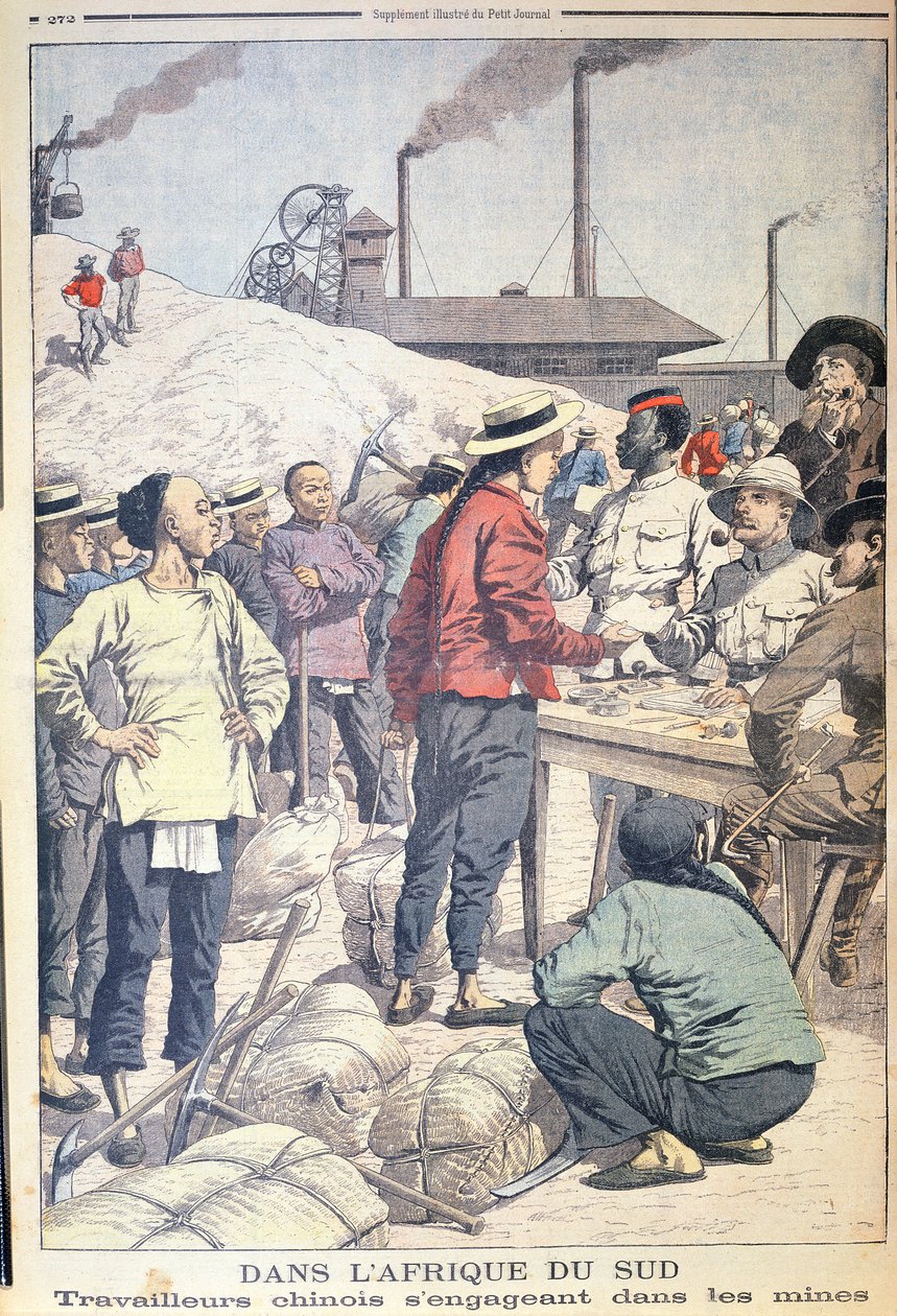Importing Chinese labourers to work in the gold mines of South Africa in 1904, illustration from Le Petit Journal, 1904 by French School