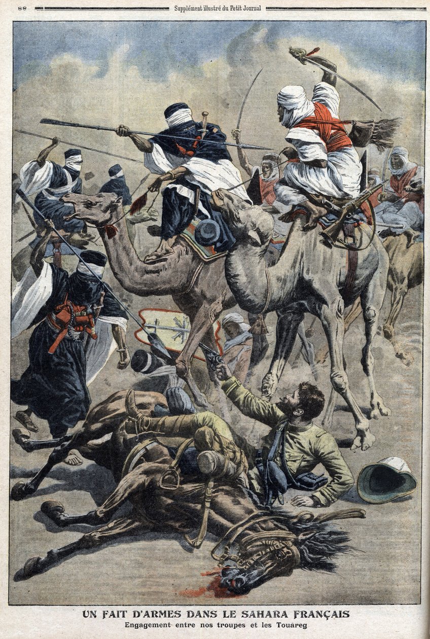 In English Sahara: fight between French troops and Tuaregs, illustration from newspaper 