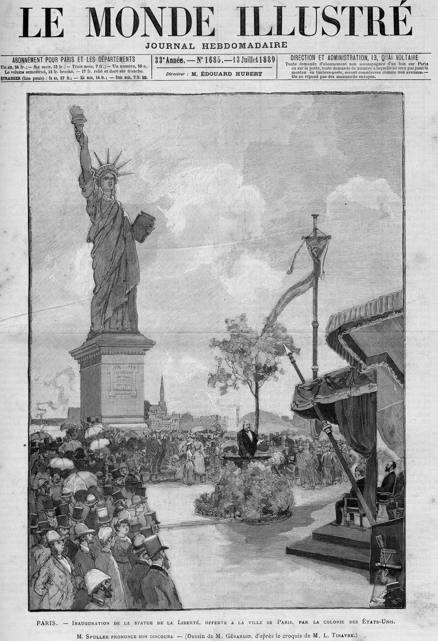 Inauguration of the Statue of Liberty in Paris, July 4, 1889: speech by Eugene Spuller, French Minister of Foreign Affairs. The Statue was offered to the city of Paris by the American community to commemorate the centenary by French School